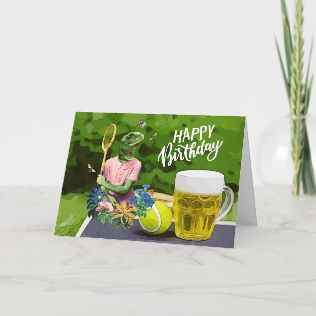 Tennis Birthday with Beer and ball racket Funny   Card (Front)