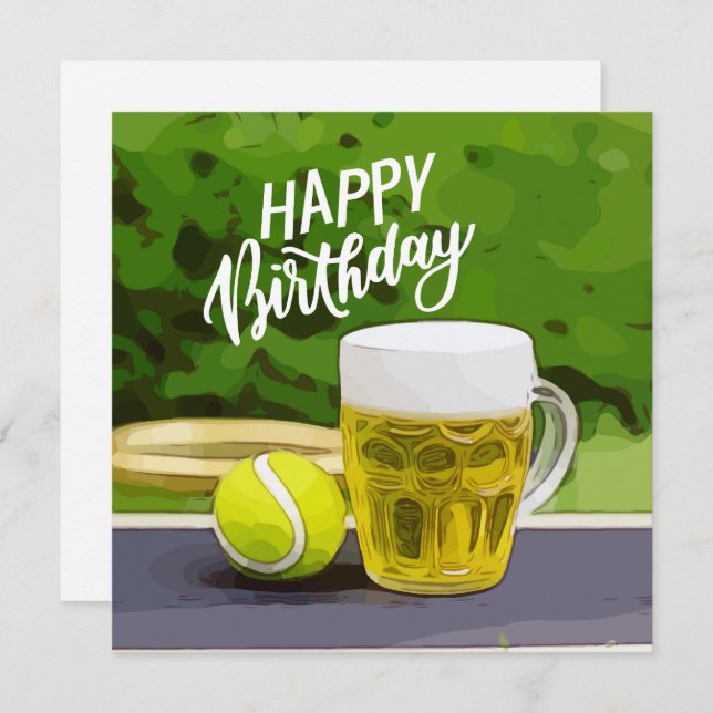 Tennis Birthday with Beer and ball racket on green (Front/Back)