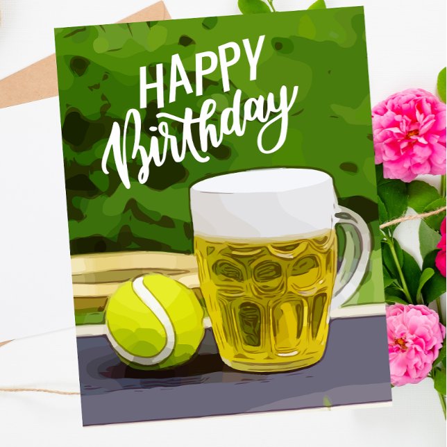 Tennis Birthday with Beer and ball racket on green Card (Creator Uploaded)