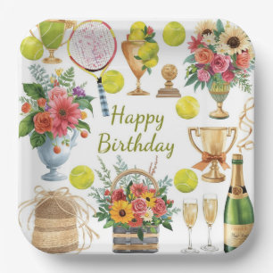 Tennis Birthday with Flowers and ball watercolor Paper Plate