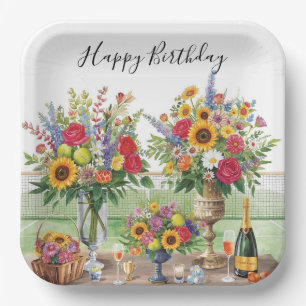 Tennis Birthday with Flowers and ball watercolor Paper Plate
