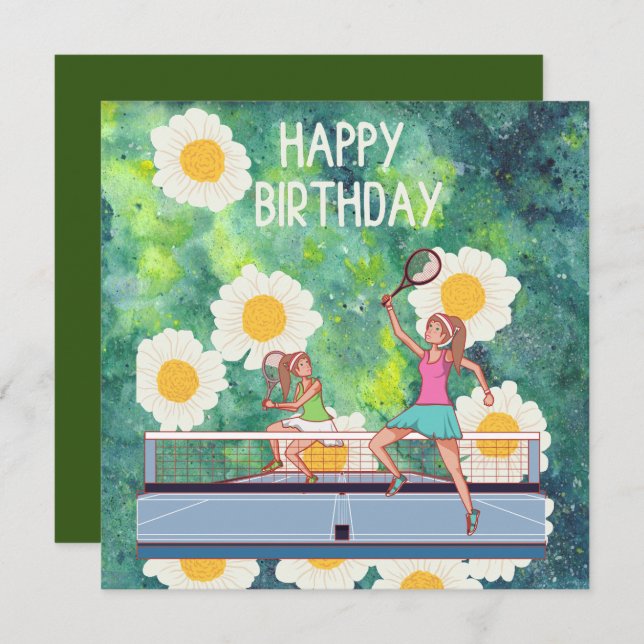 Tennis Birthday with Tennis Player on Flowers Card (Front/Back)