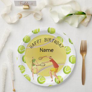 Tennis Birthday with tennis player on white Paper Plate
