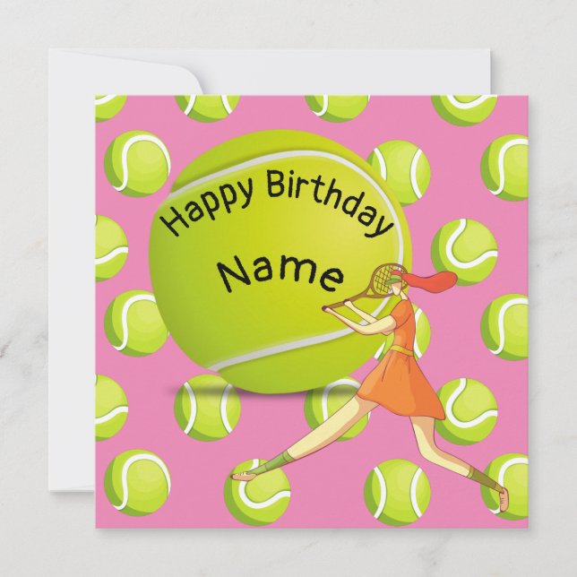 Tennis Birthday with tennis player woman pink Card (Front)