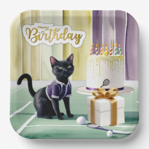 Tennis Black Cat Birthday Party with Cake Paper Plate