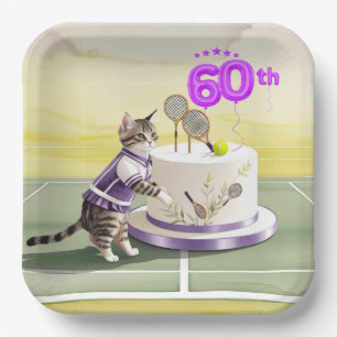 Tennis Cat 60th Birthday Party with Cake Paper Plate
