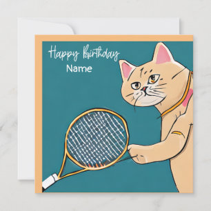 Tennis Cat Player with Racket Birthday card