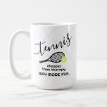 Tennis Cheaper Than Therapy Funny Sports Coffee Mug<br><div class="desc">"Tennis: Cheaper Than Therapy,  Way More Fun" funny cute tennis theme mug with a girly feminine design in black and white with a script font and subtle net in the background - a perfect gift for the avid tennis player who needs their court time to relieve stress.</div>