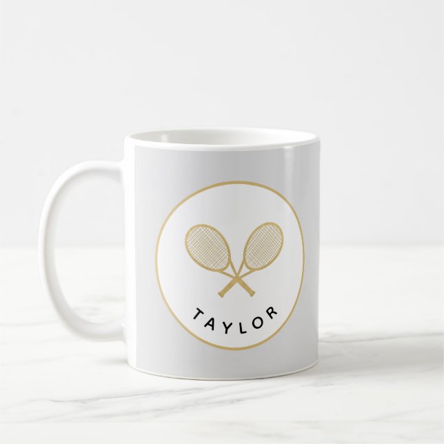 Tennis Chic Player Gift Black and Gold Custom Coffee Mug (Left)