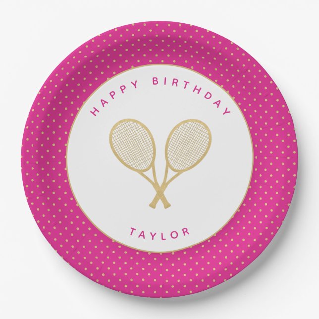 Tennis Chic Sports Themed Pink and Gold Paper Plate (Front)