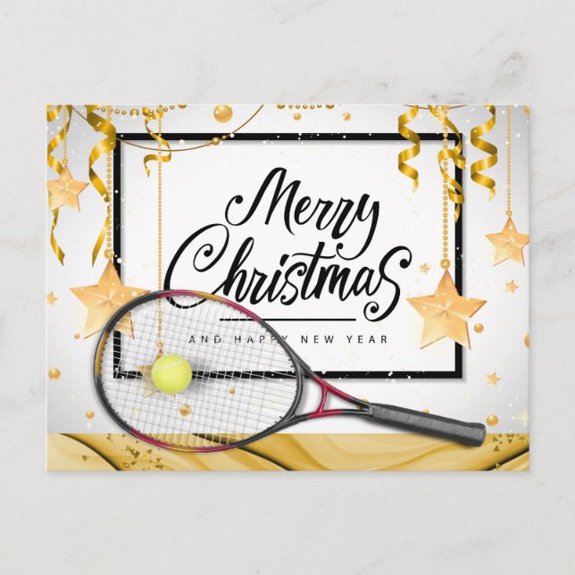 Tennis Christmas and new year with racket and ball Holiday Postcard (Front)