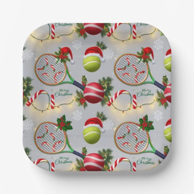Tennis Christmas  Festive Racquets and Ball  Paper Plate (Front)