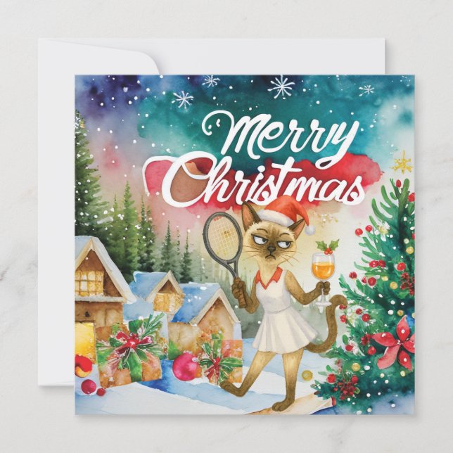 Tennis Christmas greeting for cat lovers Holiday Card (Front)