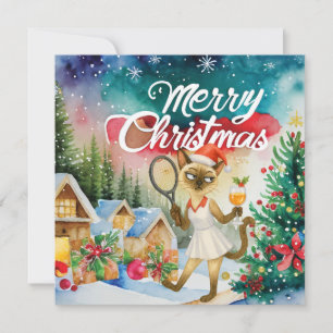 Tennis Christmas greeting for cat lovers Holiday Card
