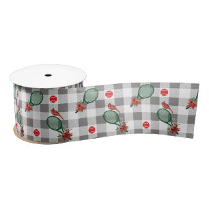 Tennis Christmas, grey - white buffalo plaid  Satin Ribbon