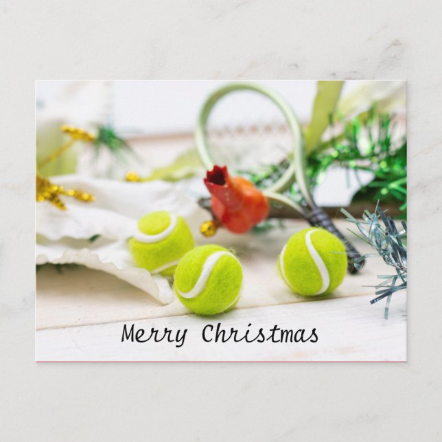 Tennis Christmas Holiday Card with ball and Racket (Front)