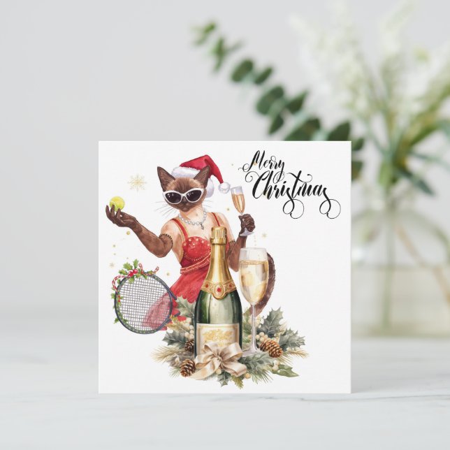 Tennis Christmas Holiday Party for cat lovers Card (Standing Front)