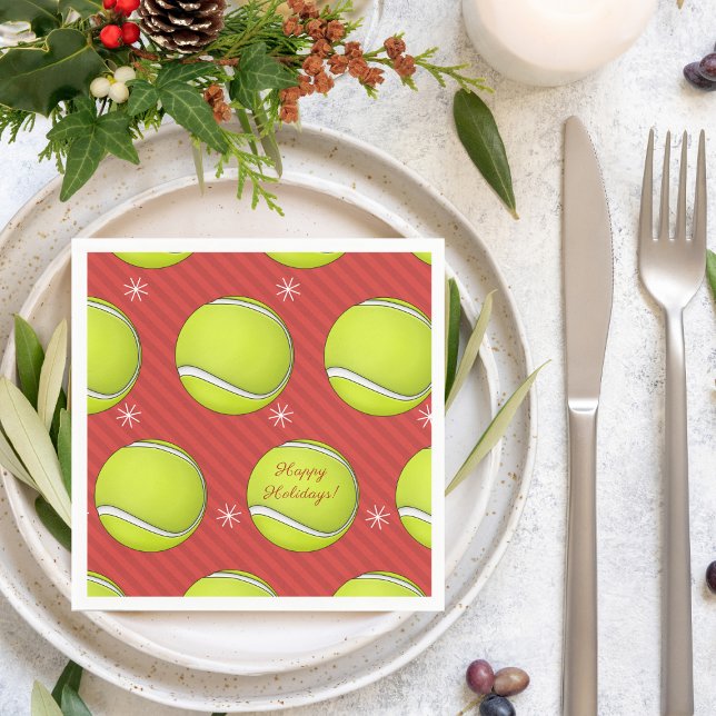 Tennis Christmas Party Red Festive Balls & Snow Napkin (Creator Uploaded)