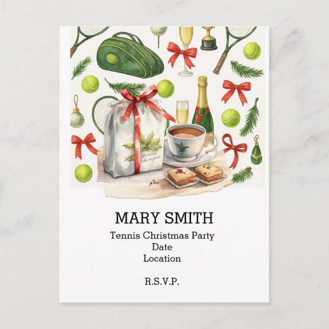 TENNIS Christmas Party with ball and racket Postcard (Front)