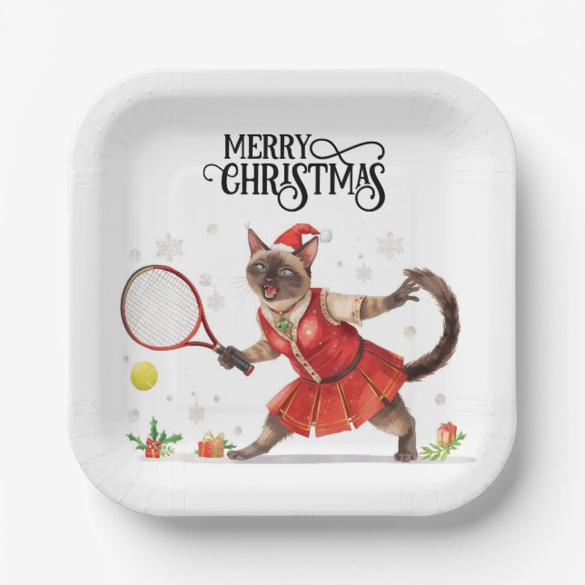 Tennis Christmas Party with Cat Players  Paper Plate (Front)