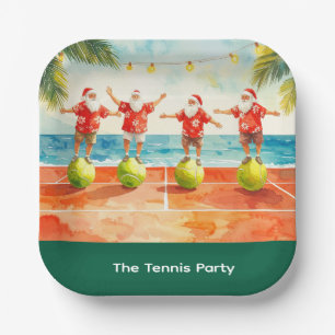Tennis Christmas Summer with Santa Claus at beach Paper Plate