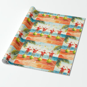 Tennis Christmas Summer with Santa Claus at beach Wrapping Paper