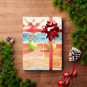 Tennis Christmas Summer with Santa Claus at beach Wrapping Paper