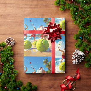 Tennis Christmas Summer with Santa Claus at beach Wrapping Paper