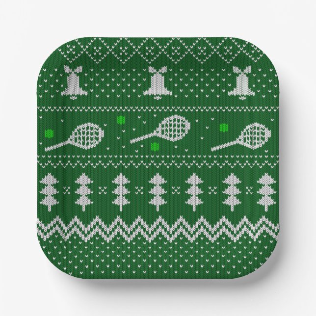Tennis Christmas Sweater Knitted Pattern Green Paper Plate (Front)