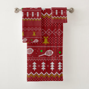 Tennis Christmas Sweater Knitted Pattern Red Xmas Bath Towel Set