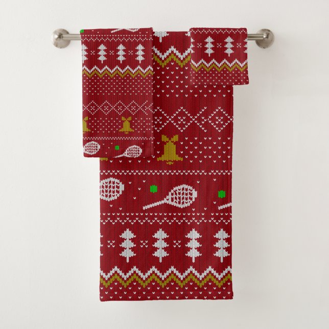 Tennis Christmas Sweater Knitted Pattern Red Xmas  Bath Towel Set (Insitu)