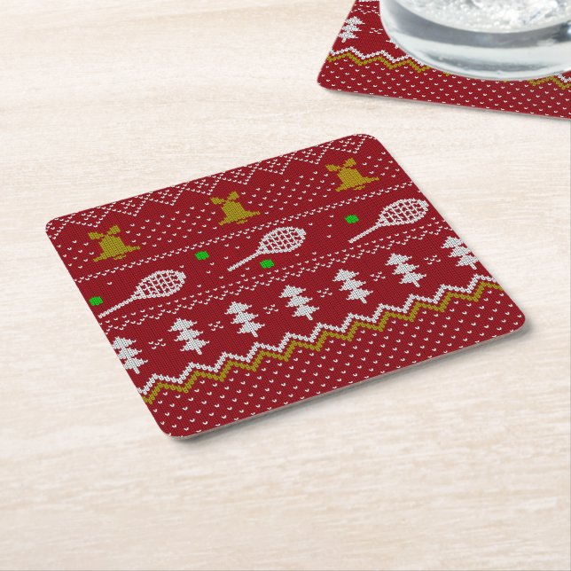 Tennis Christmas Sweater Knitted Pattern Red Xmas  Square Paper Coaster (Angled)