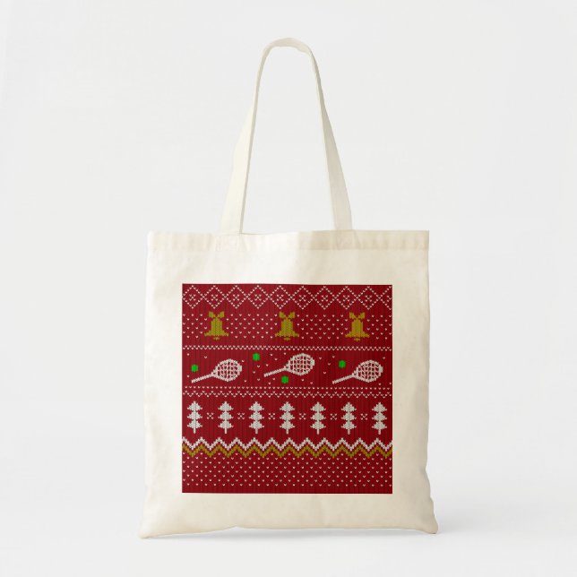 Tennis Christmas Sweater Knitted Pattern Red Xmas Tote Bag (Front)