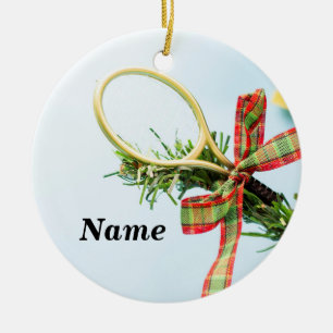 Tennis Christmas tennis ball and racket on tree Ceramic Ornament