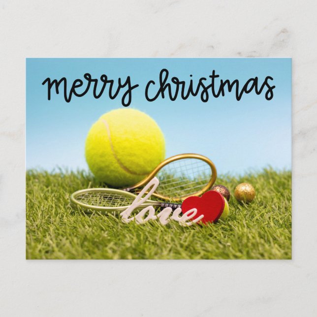 Tennis Christmas tennis ball and racket with love  Holiday Postcard (Front)