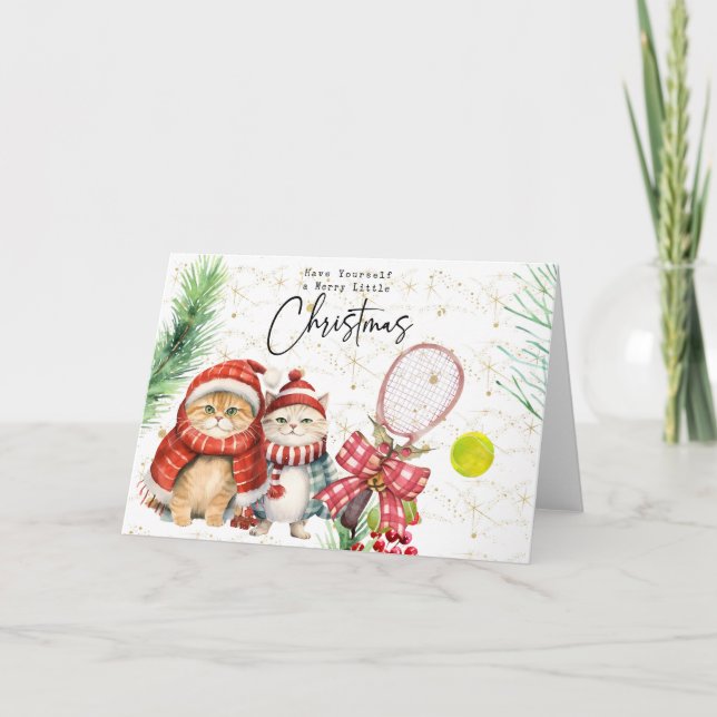 Tennis Christmas  tennis ball Racket watercolor Holiday Card (Front)