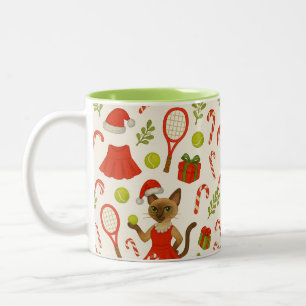 Tennis Christmas themed fir Siamese cat Lovers Two-Tone Coffee Mug