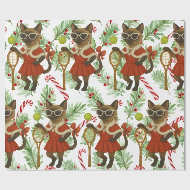 Tennis Christmas themed fir Siamese cat Lovers Wrapping Paper (Flat)