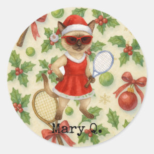 Tennis Christmas themed for Cat Lovers Classic Round Sticker
