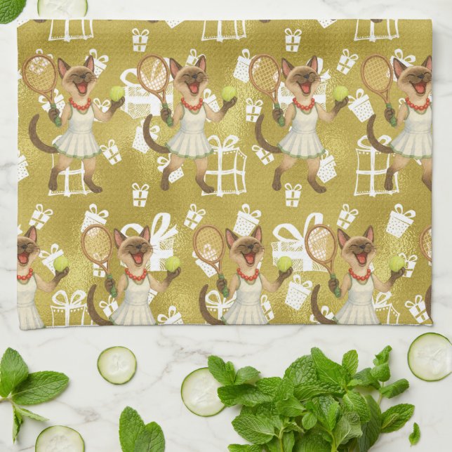 Tennis Christmas themed for Cat Lovers  Tea Towel (Folded)