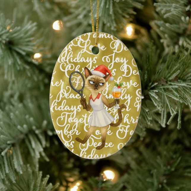 Tennis Christmas themed for player who loves cat Ceramic Ornament (Tree)