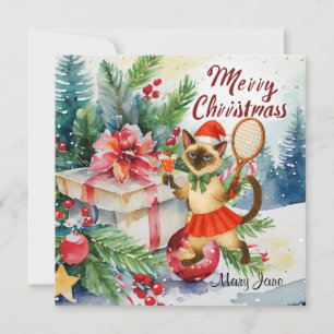 Tennis Christmas themed for player who loves cat Holiday Card
