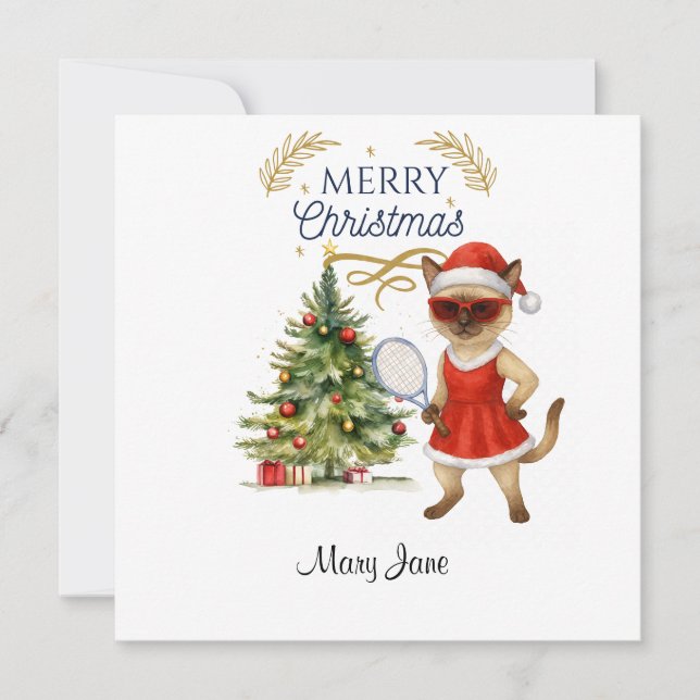 Tennis Christmas themed for player who loves cat  Holiday Card (Front)