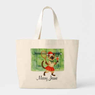 Tennis Christmas themed for player who loves cat  Large Tote Bag