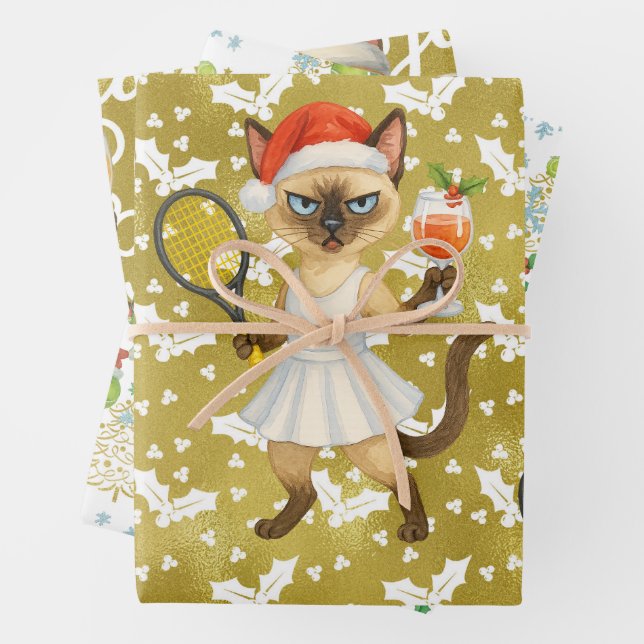 Tennis Christmas themed for player who loves cat Wrapping Paper Sheet (In situ)