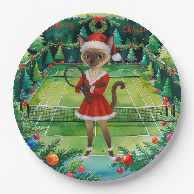 Tennis Christmas themed for Siamese Cat Lovers  Paper Plate (Front)
