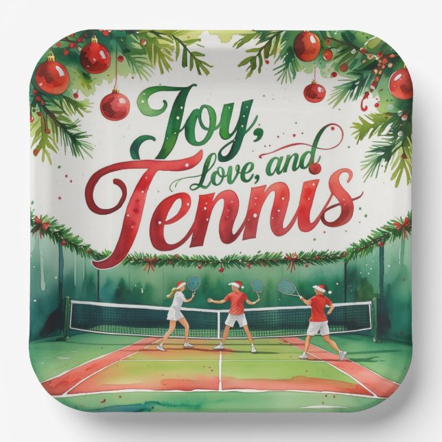 Tennis Christmas themed Joy Love Tennis Party Paper Plate (Front)