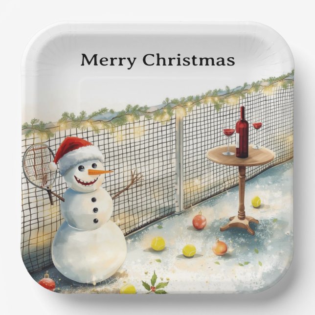 Tennis Christmas themed  Snowman playing tennis Paper Plate (Front)