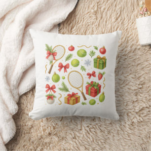Tennis Christmas themed with gifts racket and ball Cushion