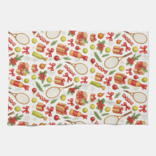 Tennis Christmas themed with racket and ball Tea Towel